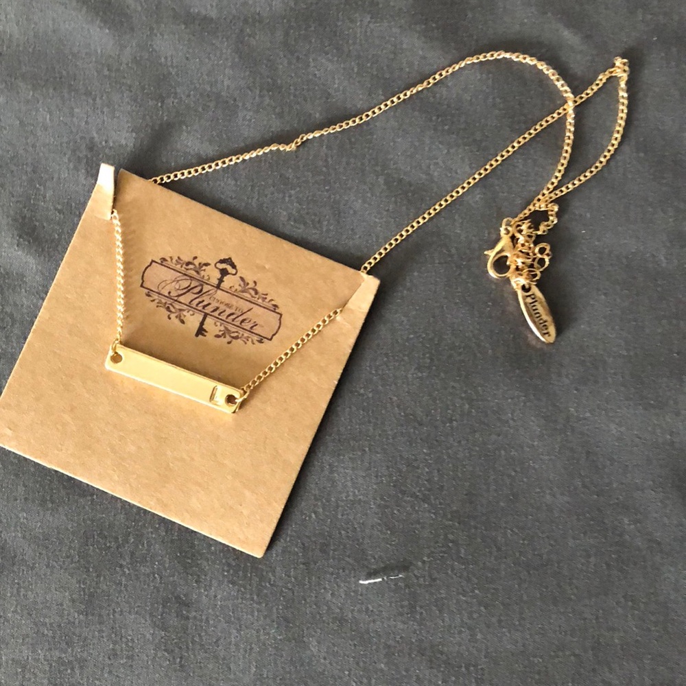 NIB Plunder Design Necklace, gold bar initial L